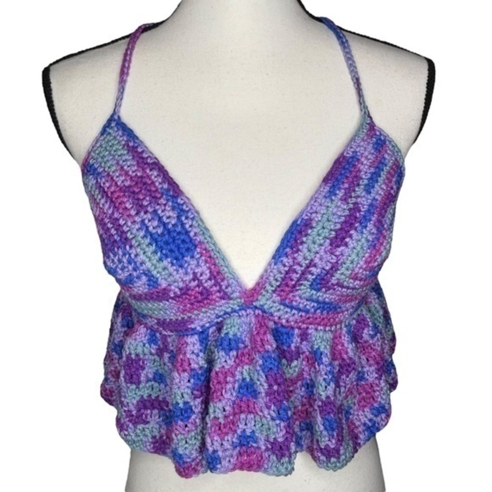 Handcrafted Ruffle Halter Crop Top Purple Cotton Yarn Art Handmade Crochet Knit